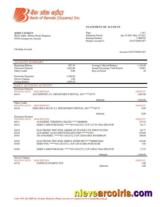 Guyana Bank of Baroda statement